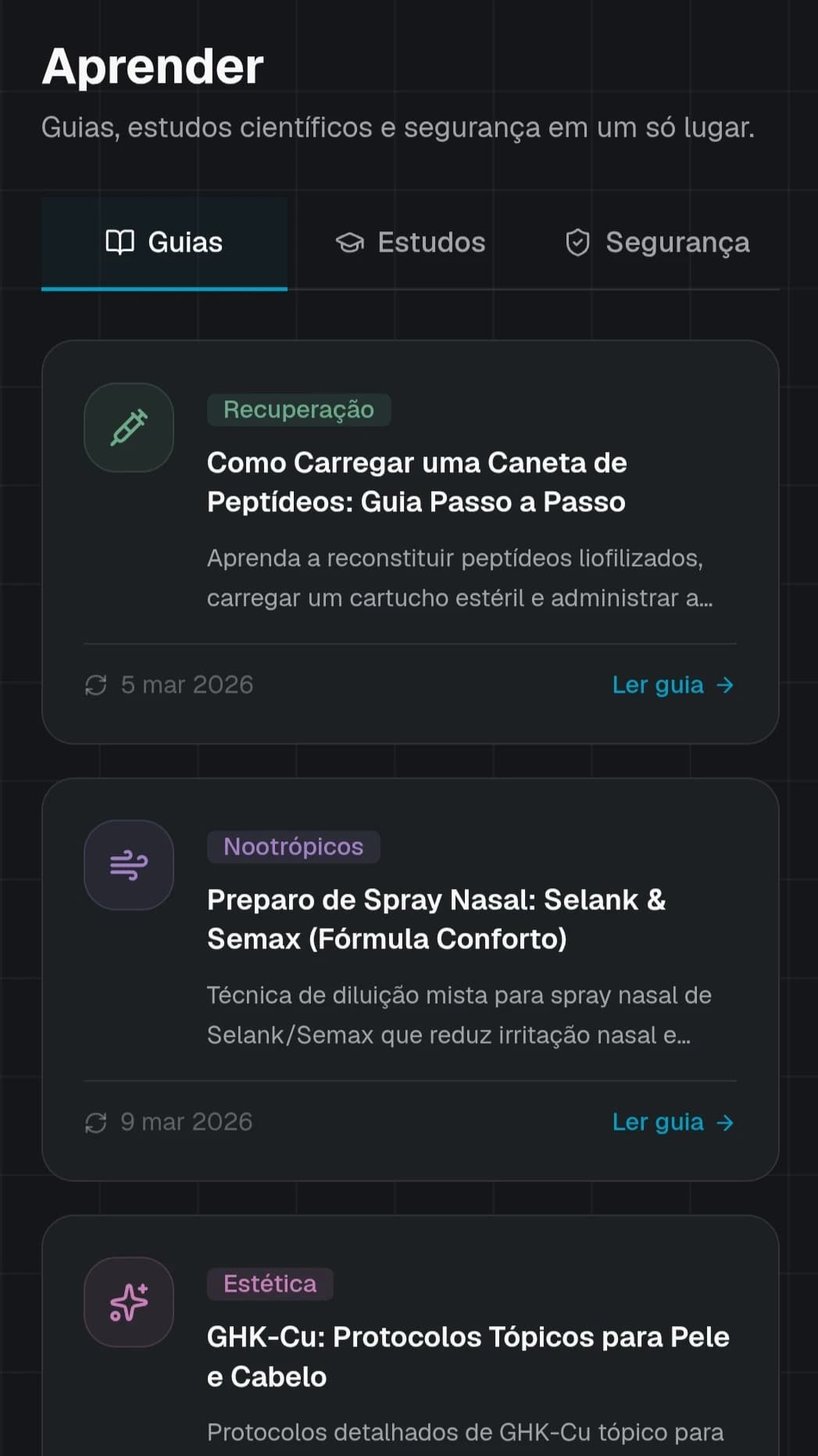 Seção de guias e estudos do Atlas com conteúdo educacional sobre peptídeos