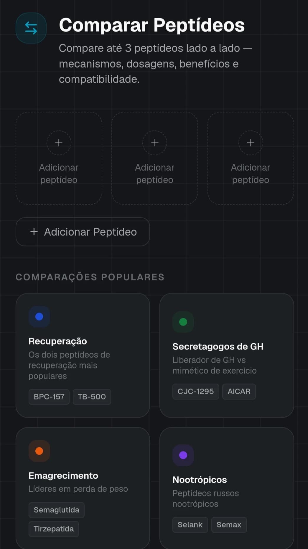 Tela do comparador técnico do Atlas com três peptídeos lado a lado