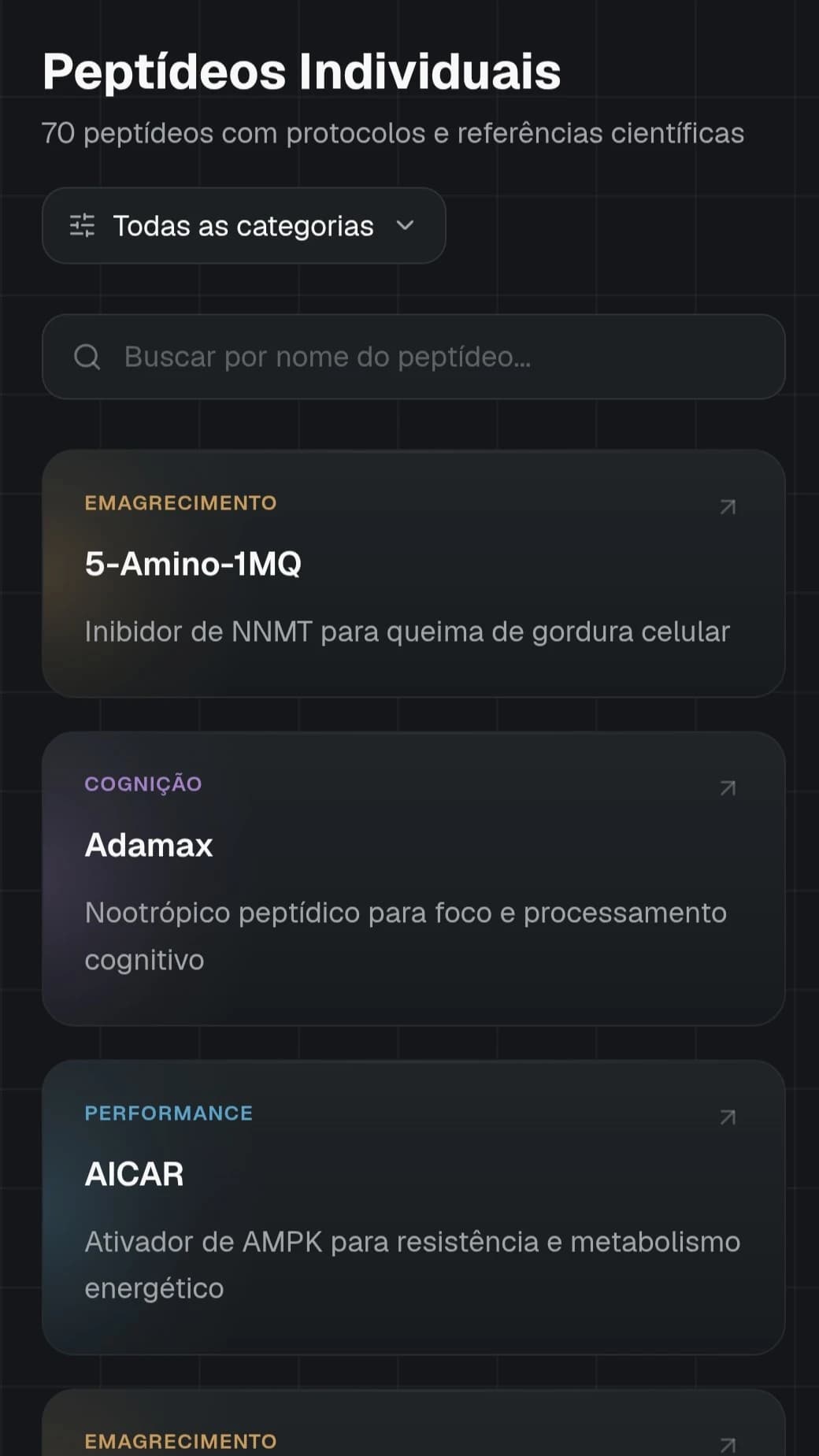 Tela da biblioteca de peptídeos do Atlas com a ficha técnica de um composto